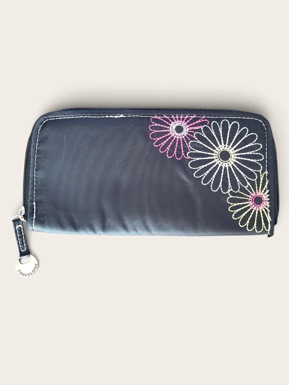 Travelon Black Zip Wallet with Pink & Yellow Daisy Stitching